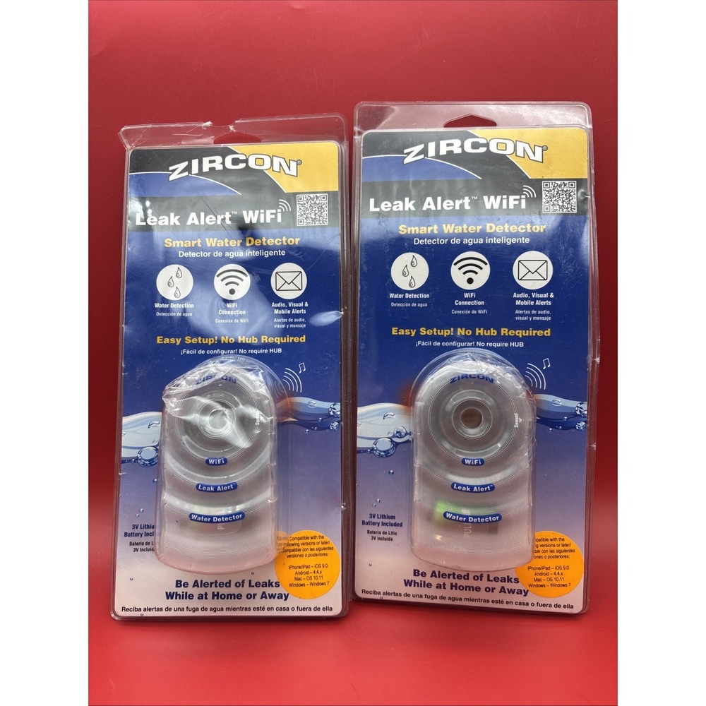2 Zircon Leak Alert WiFi Smart Water Detector Audio Visual Mobile Alerts SEALED